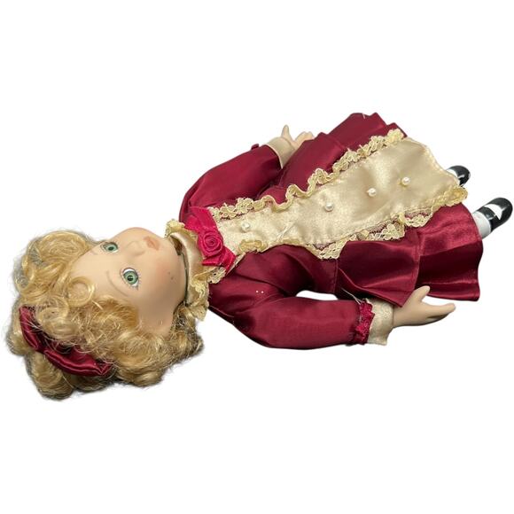 Porcelain Girl Doll in Burgundy Victorian Dress with Blonde Curls - Picture 6 of 11